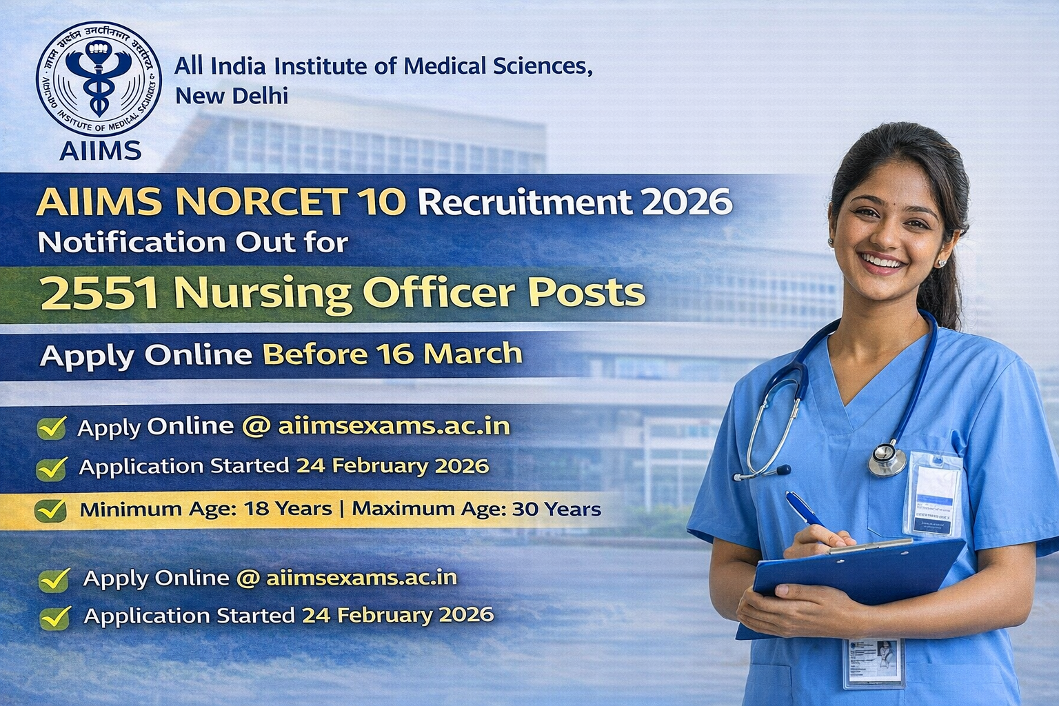 AIIMS NORCET 10 Recruitment 2026 Notification Out for 2551 Nursing Officer Posts | Apply Online Befo