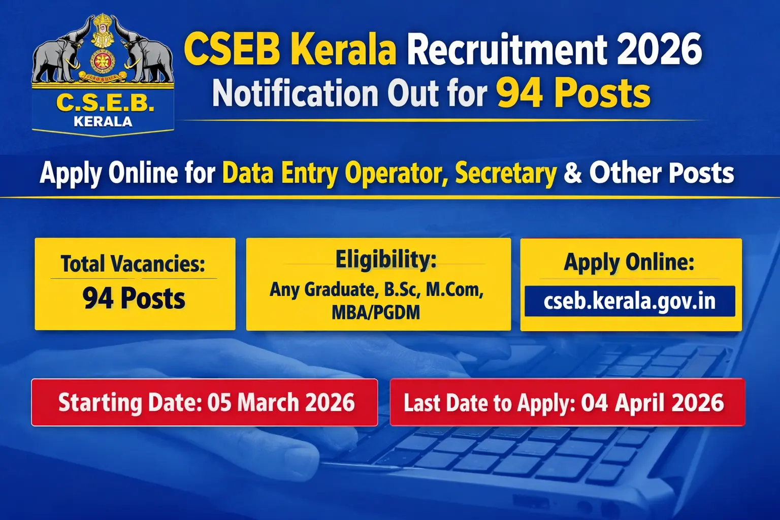 CSEB Kerala Recruitment 2026 Notification Out for 94 Posts | Apply Online for Data Entry Operator, S