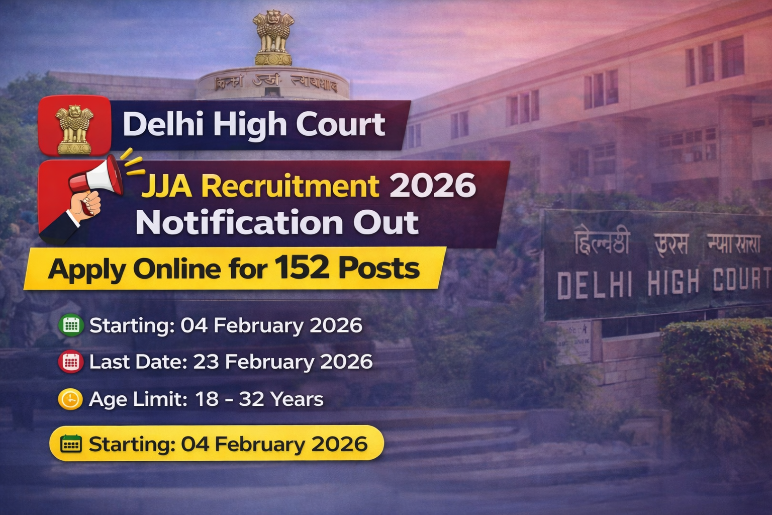 Delhi High Court JJA Recruitment 2026 Notification Out | Apply Online for 152 Posts
