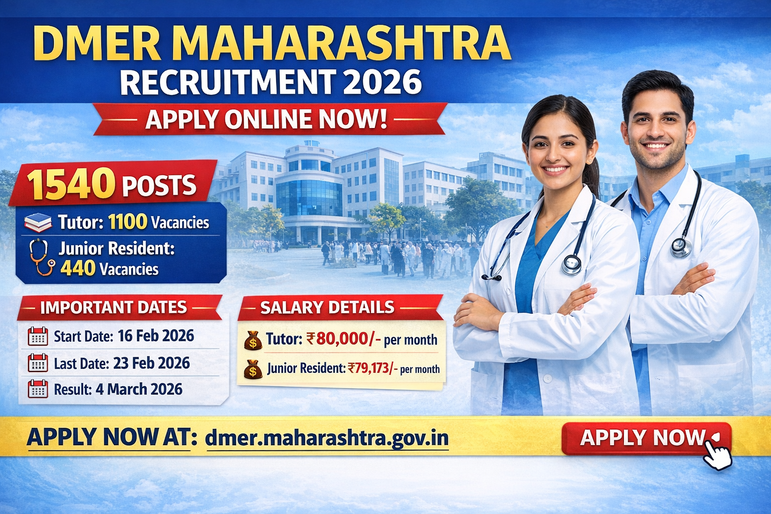 DMER Maharashtra Recruitment 2026 | Apply Online for 1540 Tutor & Junior Resident Posts