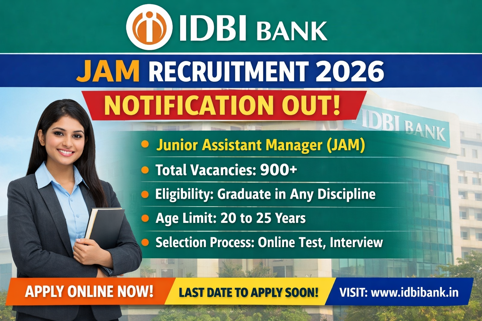 IDBI Bank JAM Recruitment 2026 Notification Out | Apply Online for Junior Assistant Manager & Assist