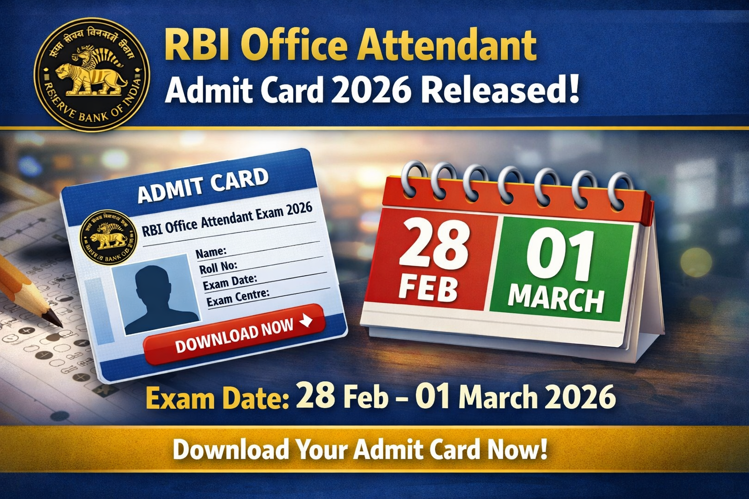 RBI Office Attendant Admit Card 2026 Released | Exam Date 28 Feb – 01 March
